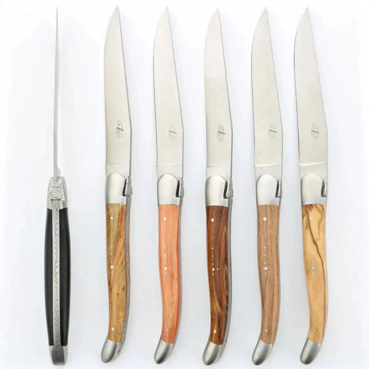 Forge de Laguiole 6 Piece Steak Knife Set Assorted Wood Handle Satin