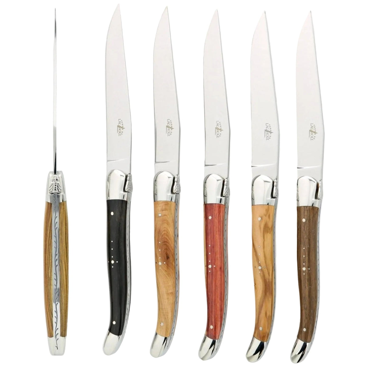 Forge de Laguiole 6 Piece Steak Knife Set Assorted Wood Handle Shiny | Bone & Brass