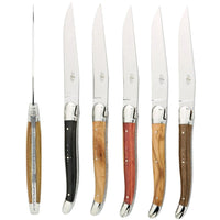 Forge de Laguiole 6 Piece Steak Knife Set Assorted Wood Handle Shiny | Bone & Brass