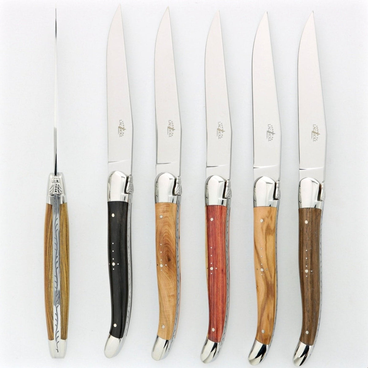 Forge de Laguiole 6 Piece Steak Knife Set Assorted Wood Handle Shiny | Bone & Brass