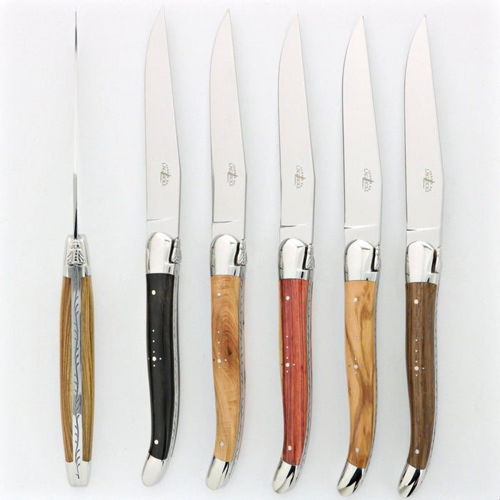 Forge de Laguiole 6 Piece Steak Knife Set Assorted Wood Handle Shiny | Bone & Brass