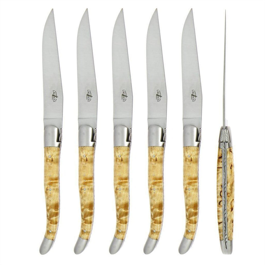 Forge de Laguiole 6 Piece Steak Knife Set Birchwood Handle Satin