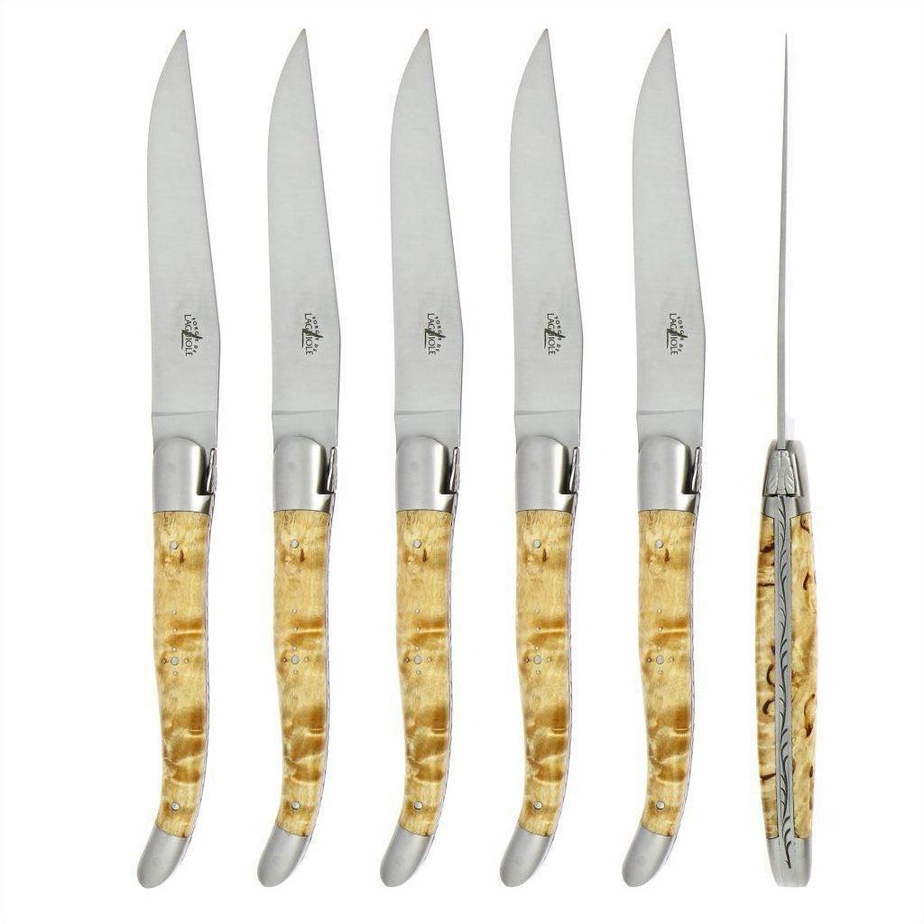 Forge de Laguiole 6 Piece Steak Knife Set Birchwood Handle Satin