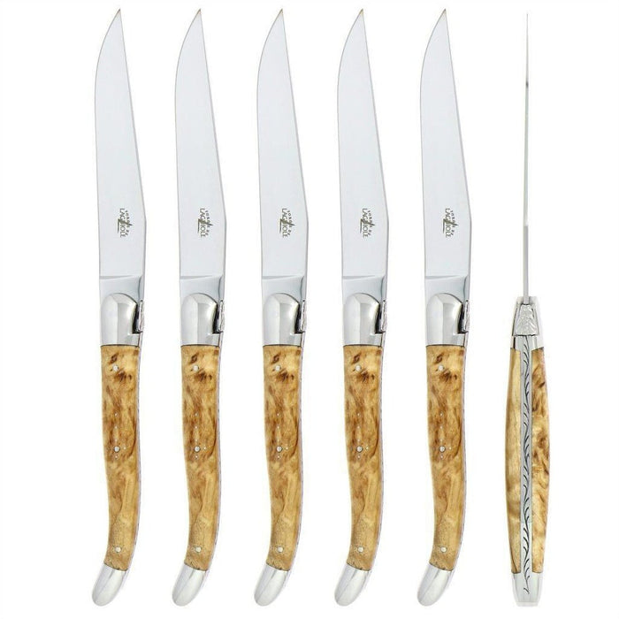 Forge de Laguiole 6 Piece Steak Knife Set Birchwood Handle Shiny