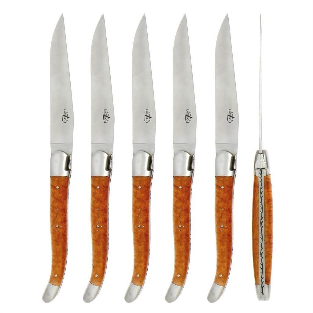 Forge de Laguiole 6 Piece Steak Knife Set Briar Wood Satin Finish