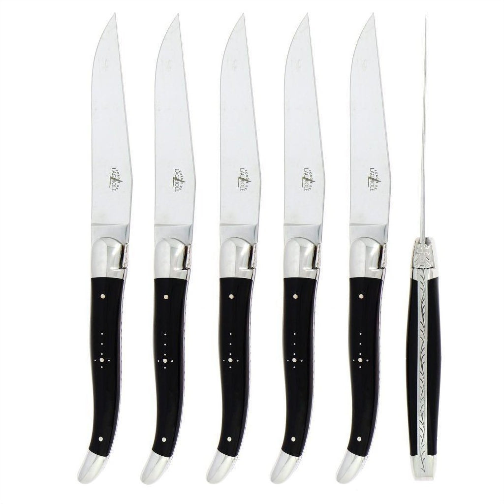 Forge de Laguiole 6 Piece Steak Knife Set Dark Horn Tip