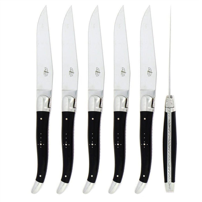 Forge de Laguiole 6 Piece Steak Knife Set Dark Horn Tip