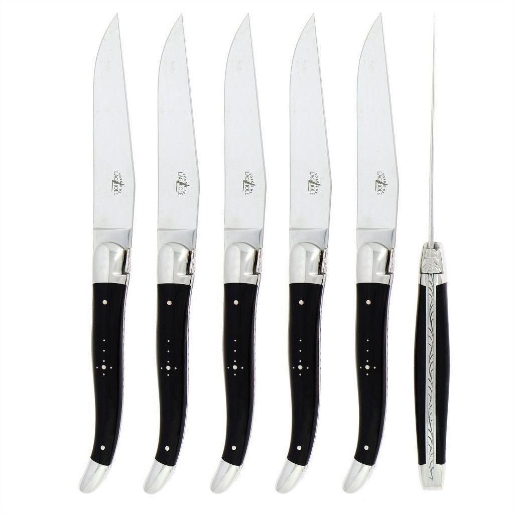 Forge de Laguiole 6 Piece Steak Knife Set Dark Horn Tip