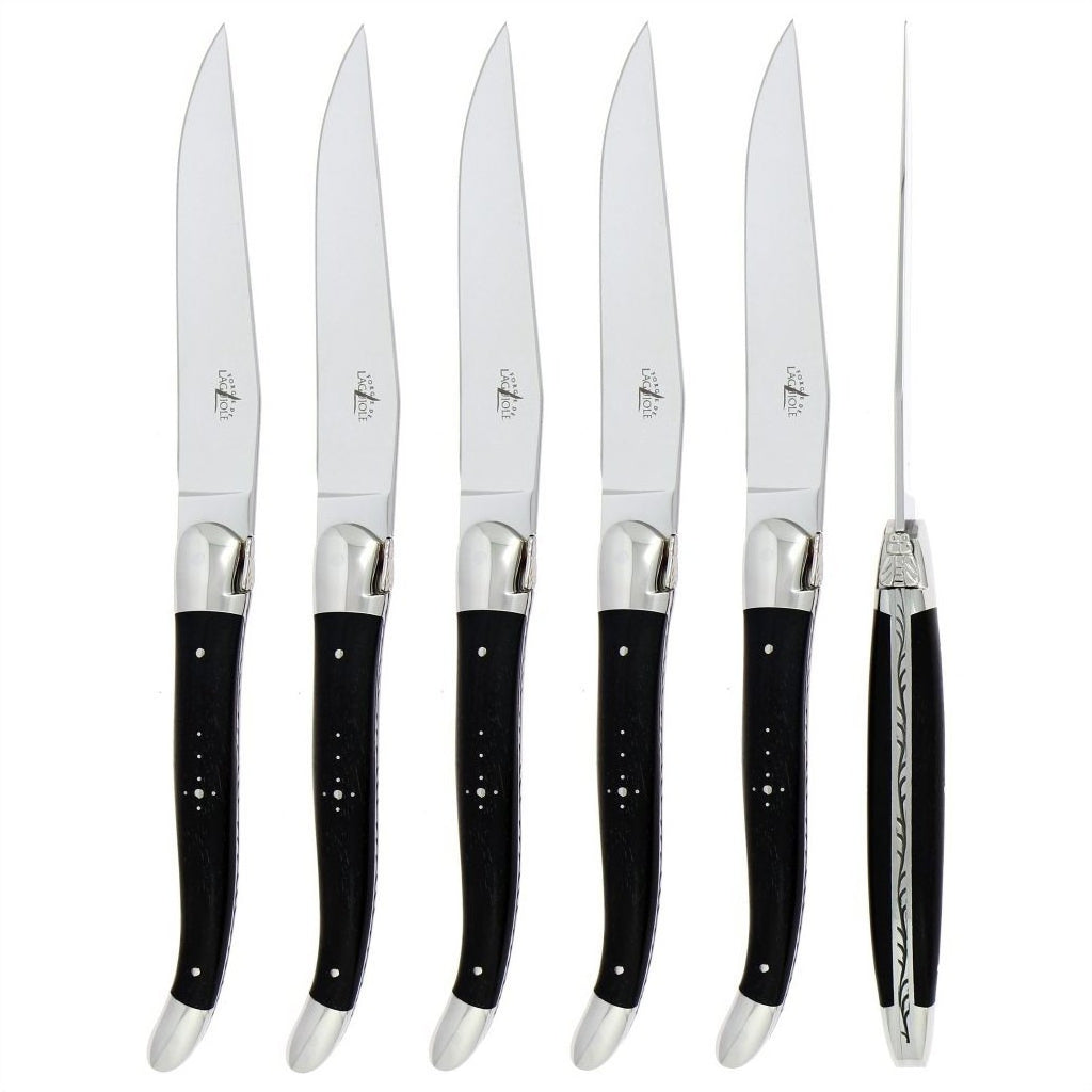 Forge de Laguiole 6 Piece Steak Knife Set Ebony Wood Shiny Finish