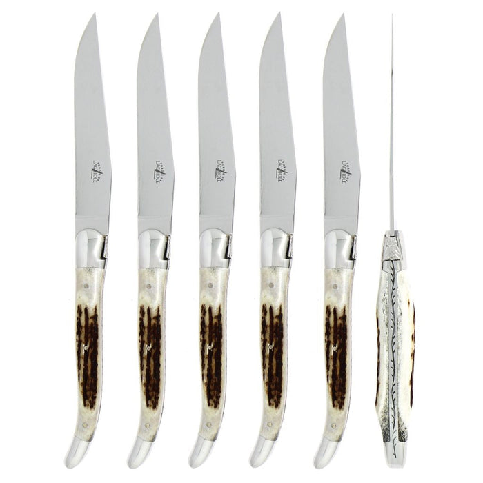 Forge de Laguiole 6 Piece Steak Knife Set Elk Stag Handle
