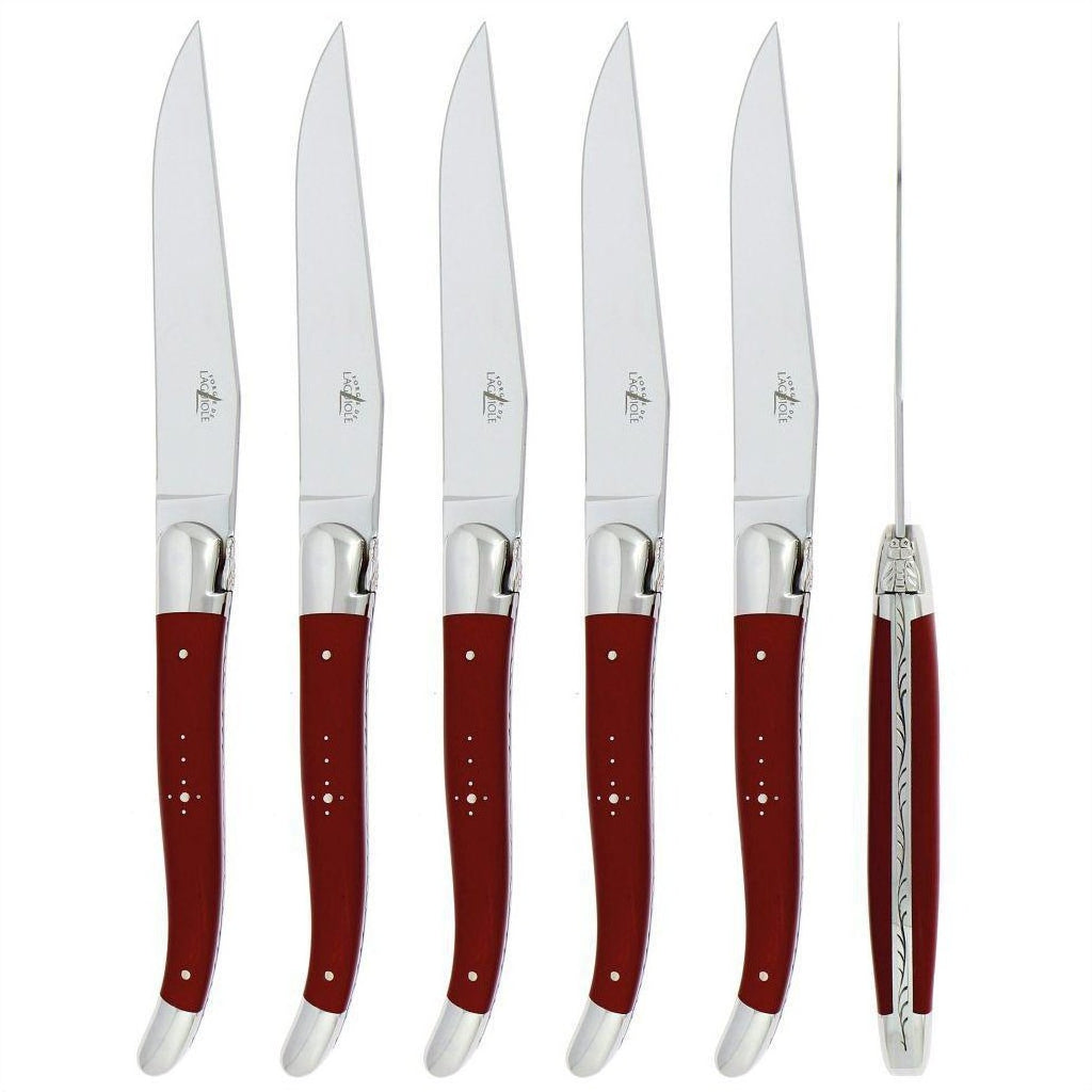 Set of five steak knives with red handles on a white background