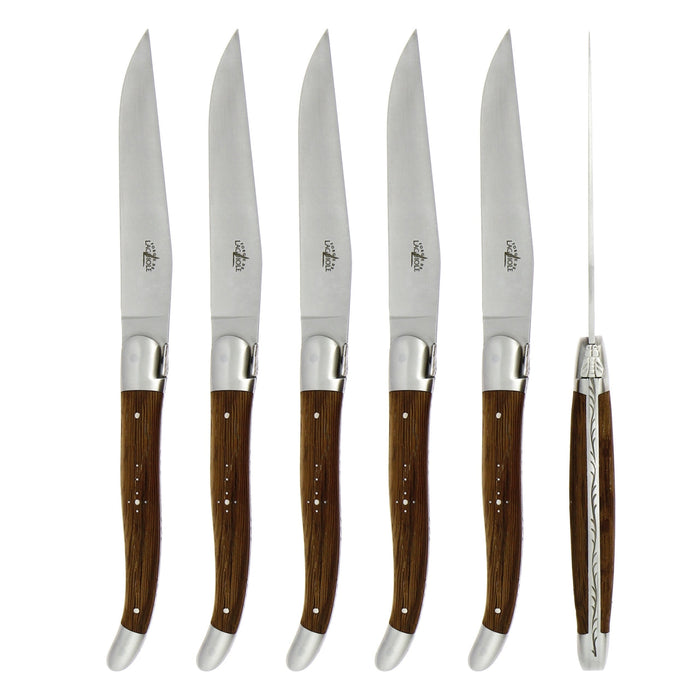 Forge de Laguiole 6 Piece Steak Knife Set Fossilized Oak Heart Handle