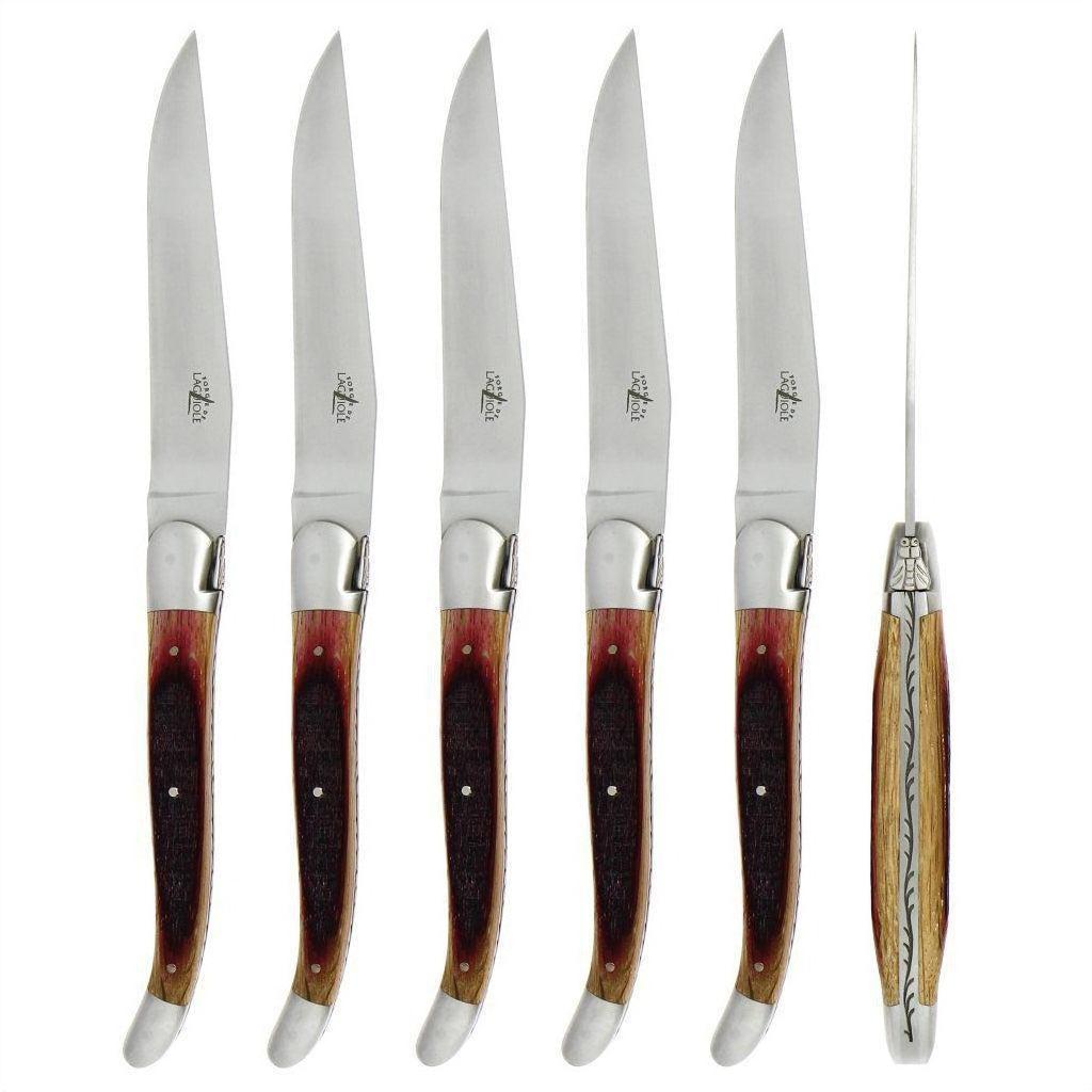 Forge de Laguiole 6 Piece Steak Knife Set Oak Barrel Handle Satin