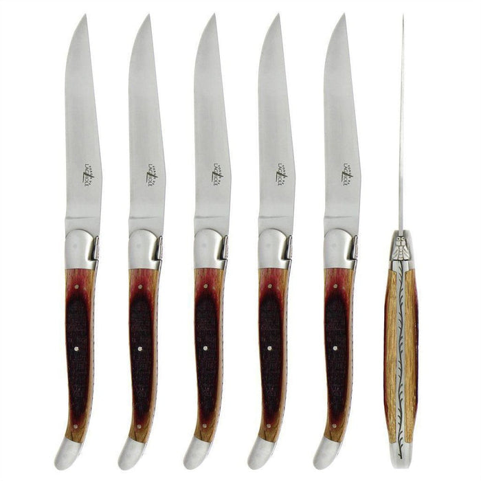 Forge de Laguiole 6 Piece Steak Knife Set Oak Barrel Handle Satin
