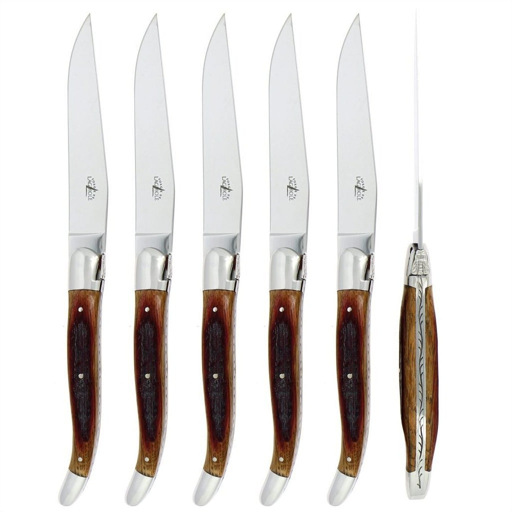 Forge de Laguiole 6 Piece Steak Knife Set Oak Barrel Handle Shiny