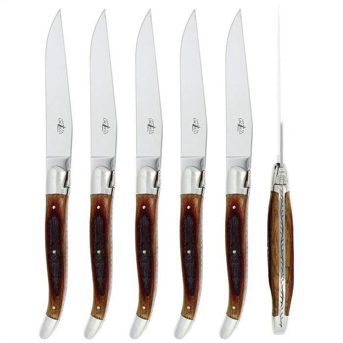 Forge de Laguiole 6 Piece Steak Knife Set Oak Barrel Handle Shiny