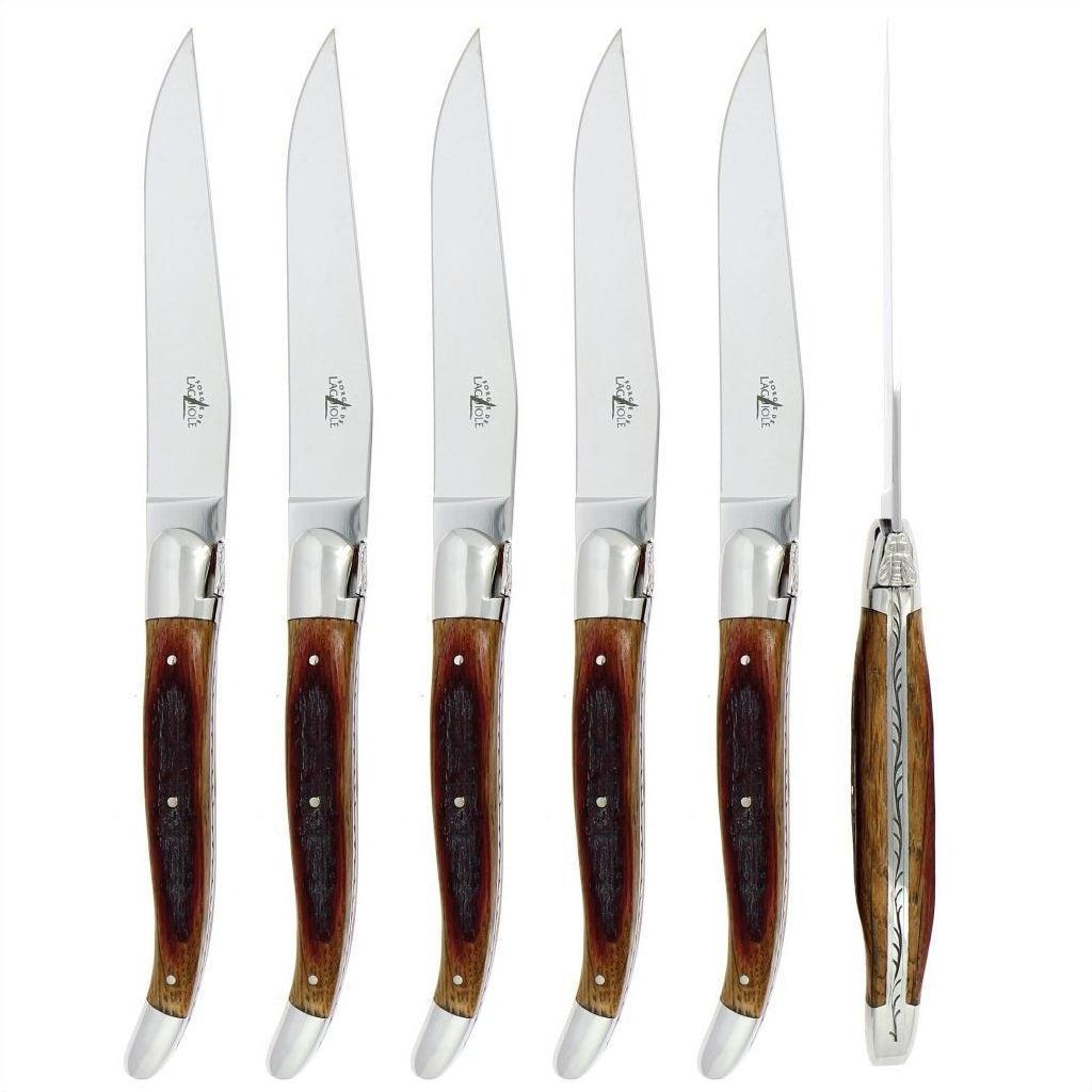 Forge de Laguiole 6 Piece Steak Knife Set Oak Barrel Handle Shiny