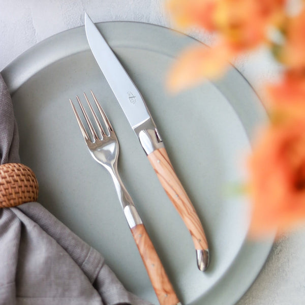 Forge de Laguiole 6 Piece Steak Knife Set Olive Wood Shiny Finish