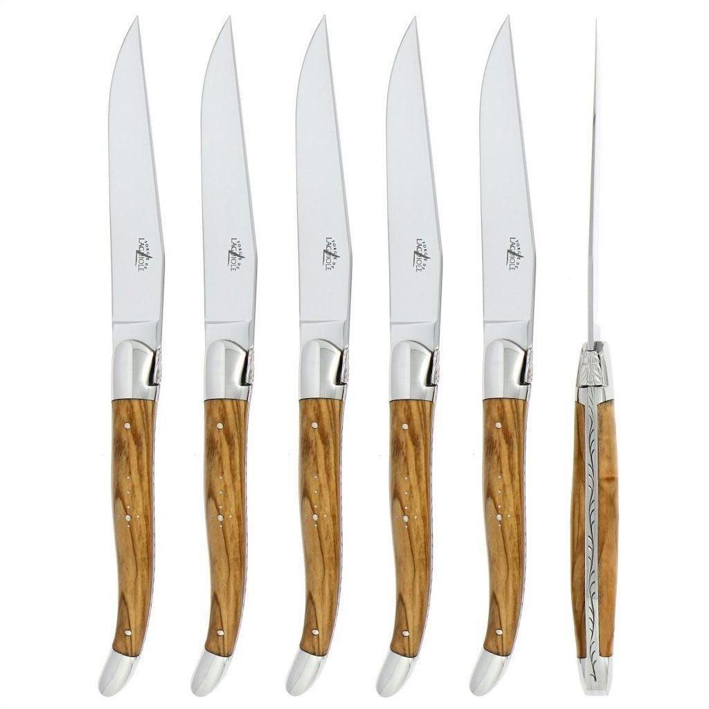 Forge de Laguiole 6 Piece Steak Knife Set Olive Wood Shiny Finish
