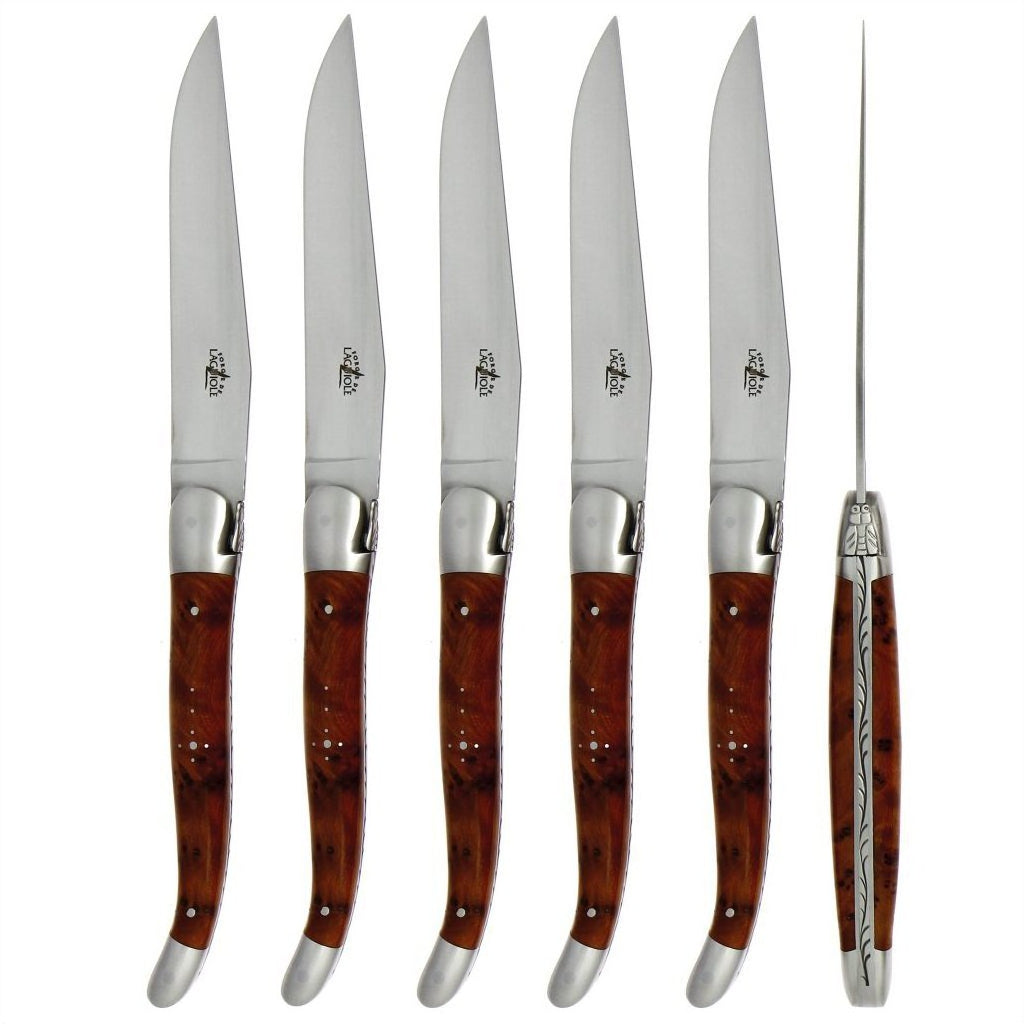 Forge de Laguiole 6 Piece Steak Knife Set Thuya Burl Satin Finish
