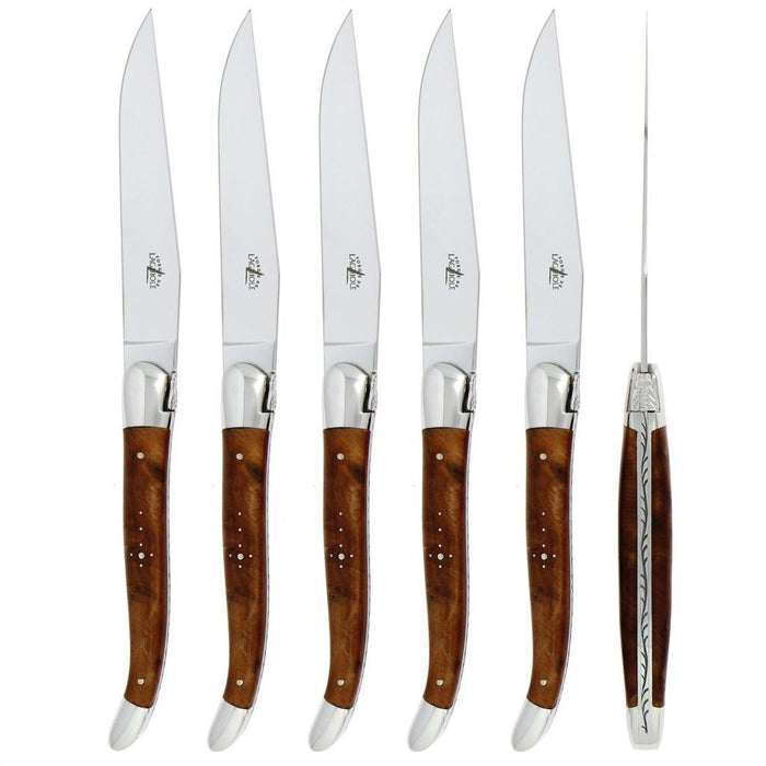 Forge de  Laguiole 6 Piece Steak Knife Set Thuya Burl Handle