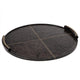 Large round dark brown leather tray with baseball stitching and lace-stitched handles.
