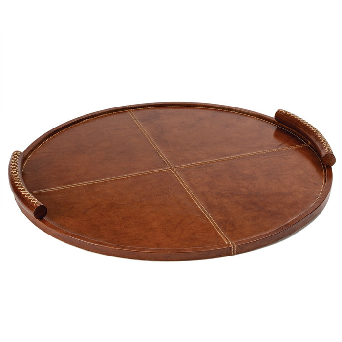 Large round brown leather tray with baseball stitching and lace-stitched handles.