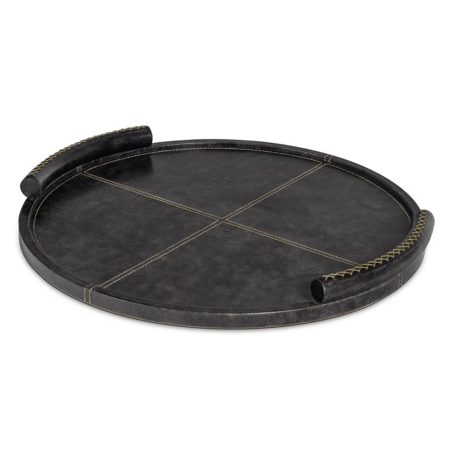 Round, dark cognac leather tray with baseball stitching and lace-stitched oversized handles.