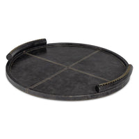 Round, dark cognac leather tray with baseball stitching and lace-stitched oversized handles.