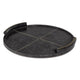 Round, dark cognac leather tray with baseball stitching and lace-stitched oversized handles.