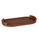 Cognac oval leather tray with baseball stitching and lace-stitched oversized handles.