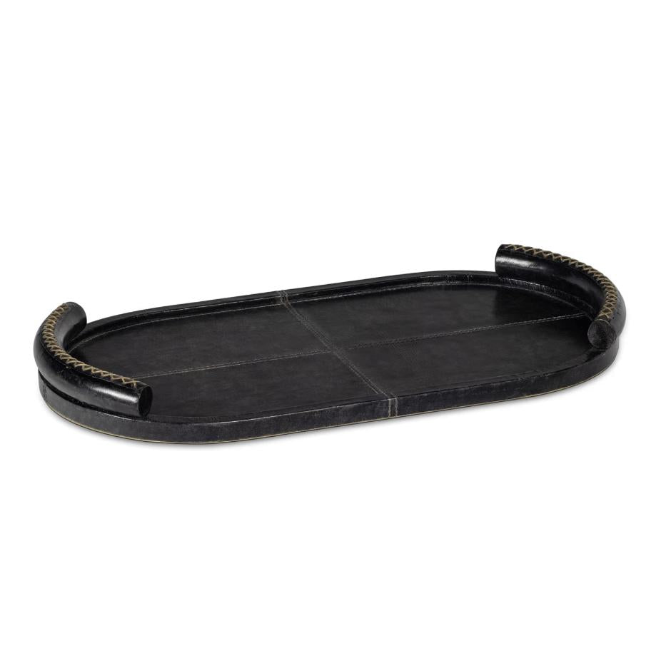 Forte Oval Leather Tray in weathered black with baseball stitching and lace-stitched oversized handles.