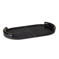 Forte Oval Leather Tray in weathered black with baseball stitching and lace-stitched oversized handles.