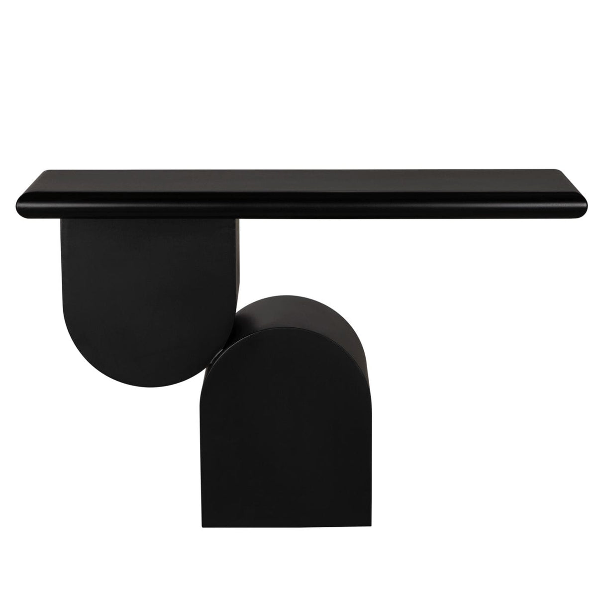 Frayer Black Console Table: sleek matte black industrial steel with unique geometric base.