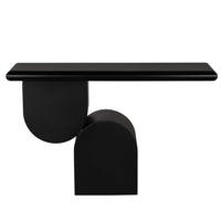 Frayer Black Console Table: sleek matte black industrial steel with unique geometric base.