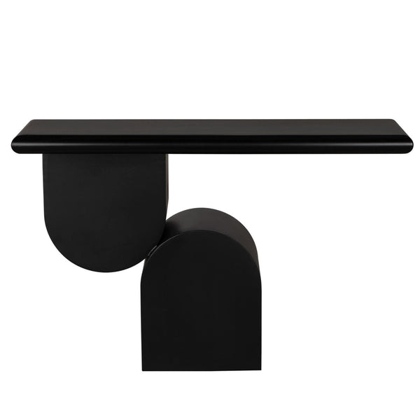 Frayer Black Console Table: sleek matte black industrial steel with unique geometric base.
