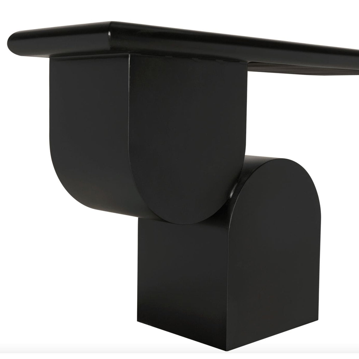 Frayer Black Console Table, sleek matte black industrial steel with unique curved and rectangular base.