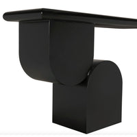 Frayer Black Console Table, sleek matte black industrial steel with unique curved and rectangular base.