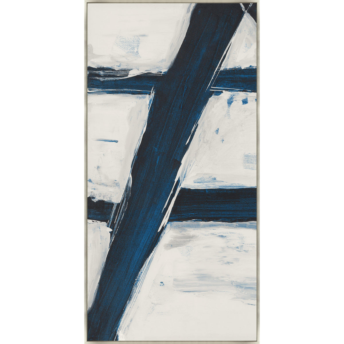 Abstract giclee canvas painting with bold navy blue and white brushstrokes, gallery-wrapped.
