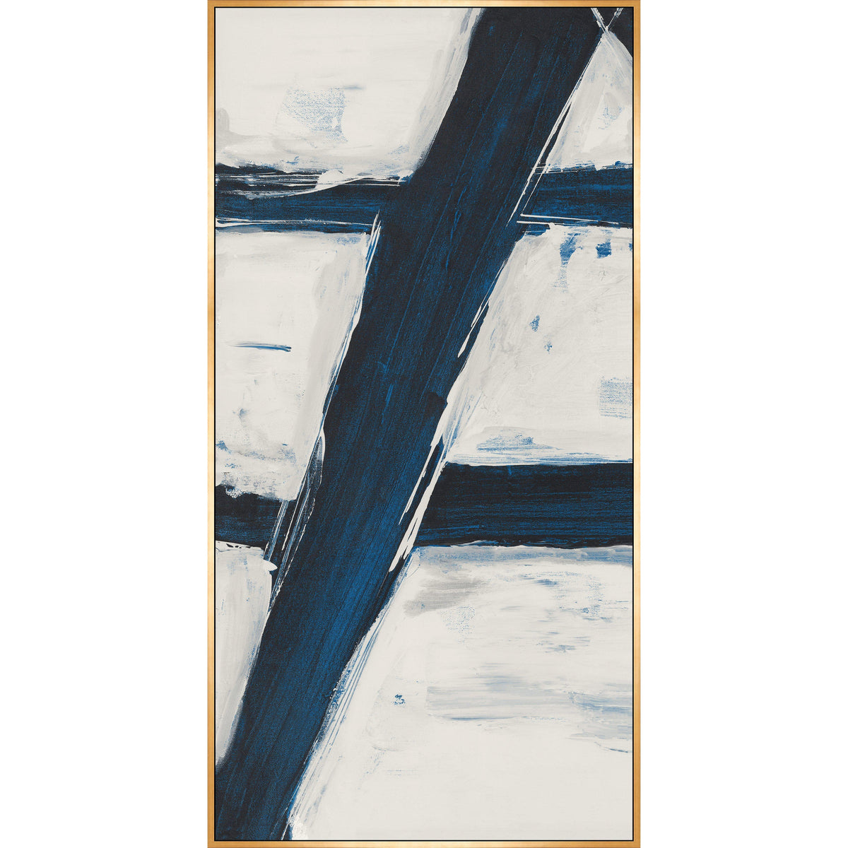 Abstract giclee canvas painting with bold navy blue and white brushstrokes in a gold frame.
