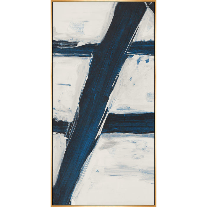 Abstract giclee canvas painting with bold navy blue and white brushstrokes in a gold frame.