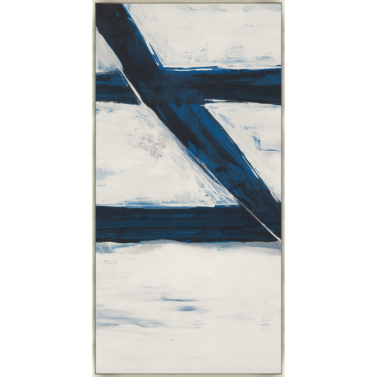 Abstract giclee canvas painting with bold navy blue and white brushstrokes, gallery-wrapped.