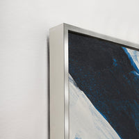 Abstract giclee canvas painting with brush gel finish in deep blue and white, framed in silver.