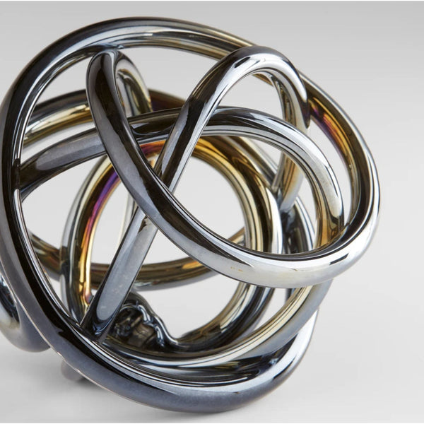 Extra-large iridescent glass sphere with intricate, looping design and varied colors.