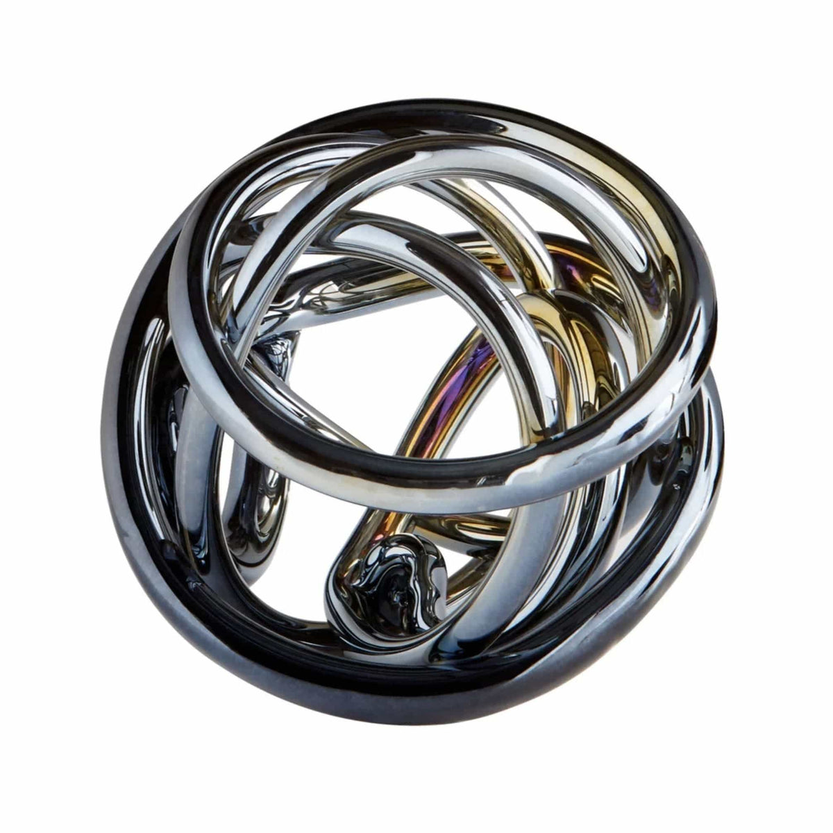 Extra-large iridescent glass sphere with intricate loops and color variations, 8" diameter.