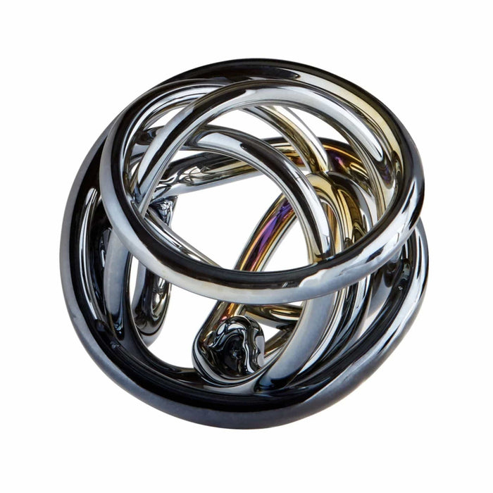Extra-large iridescent glass sphere with intricate loops and color variations, 8" diameter.