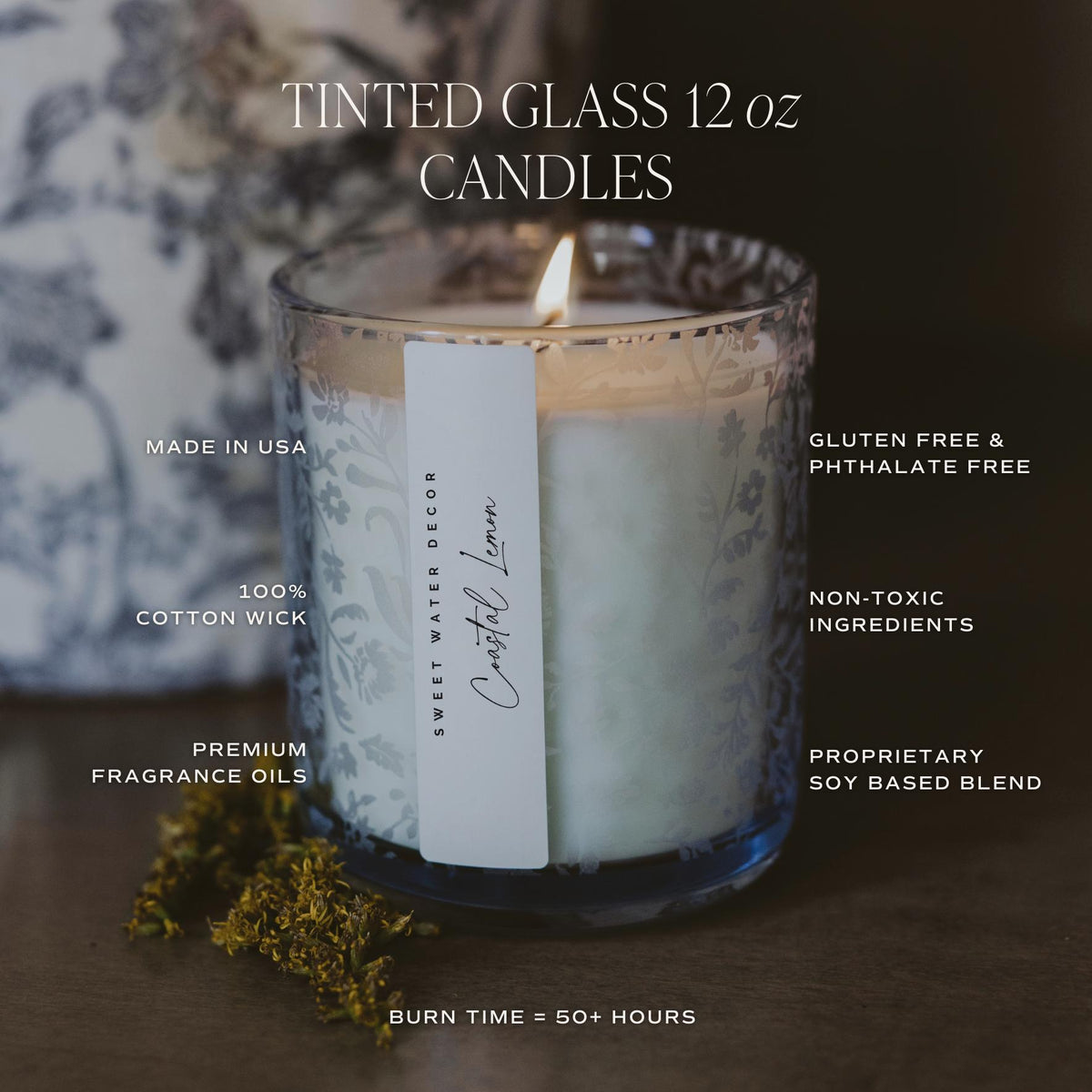 Salt Sea Soy Candle - Blue Tinted Glass Jar - 12 oz - Candle View | Bone & Brass