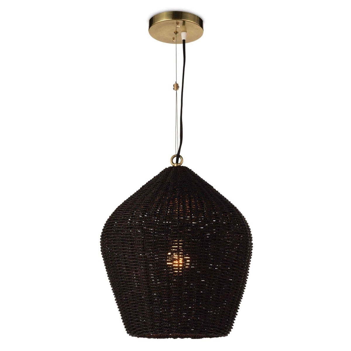 Georgian Black Rattan Pendant with natural brass accents, a modern organic coastal style light fixture.