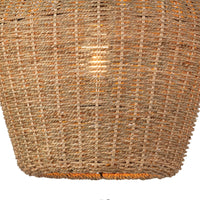Georgian Rattan Pendant, natural woven material with a visible warm glowing bulb, coastal style.