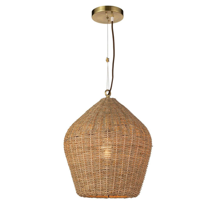 Natural rattan Georgian pendant light with a woven bell-shaped shade and brass hardware.